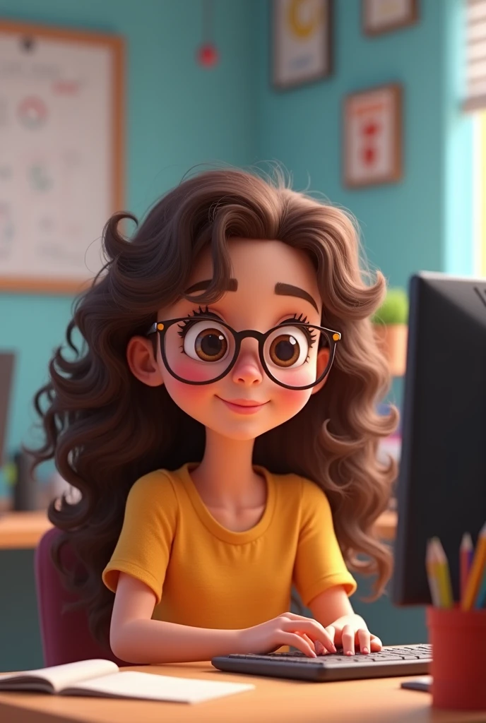 Brunette curly girl with glasses in virtual class animated not so animated puts a computer



