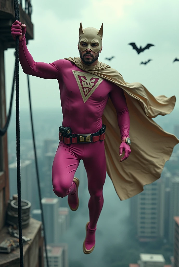 Malaysia man in high-tech suit, vivid effects, malaysian superhero (KELUANG MAN) in a striking pink and beige costume cyberpunk design, mask small mini bat ear beige, daredevil beige mask, jumpsuit dark pink stands confidently in a dramatic.jumping from high place.hero costume.one hand rise up. Big triangle logo on the chest.high detail Punisher logo on the chest. Fighting pose , stormy landscape. ((Head covered node guard like batman. Running pose , athletic body type, small mini ear bat mask))The character wears domino mask a helmet with pointed mini torn ears and a flowing cape biege, open nose and mouth. Equipped with visible futuristic weapons on a belt,bullet proof jacket pink dark day.show fingers pose, dark night, big supermoon effect . Small logo on chest triangle shape small punisher logo center triangle cyber logo center on chest pink logo mini logo . rocky. Building top.smoke ground , bomb effect background, losse pants, losses costume.adding to --ar 3:4 --style raw --stylize 500 --v 6.1. chaos. Lot of small flying bat. One leg on the high stone. Man . Real man 0 year old. One hand holding belt.one hand holding black rope hanging on building