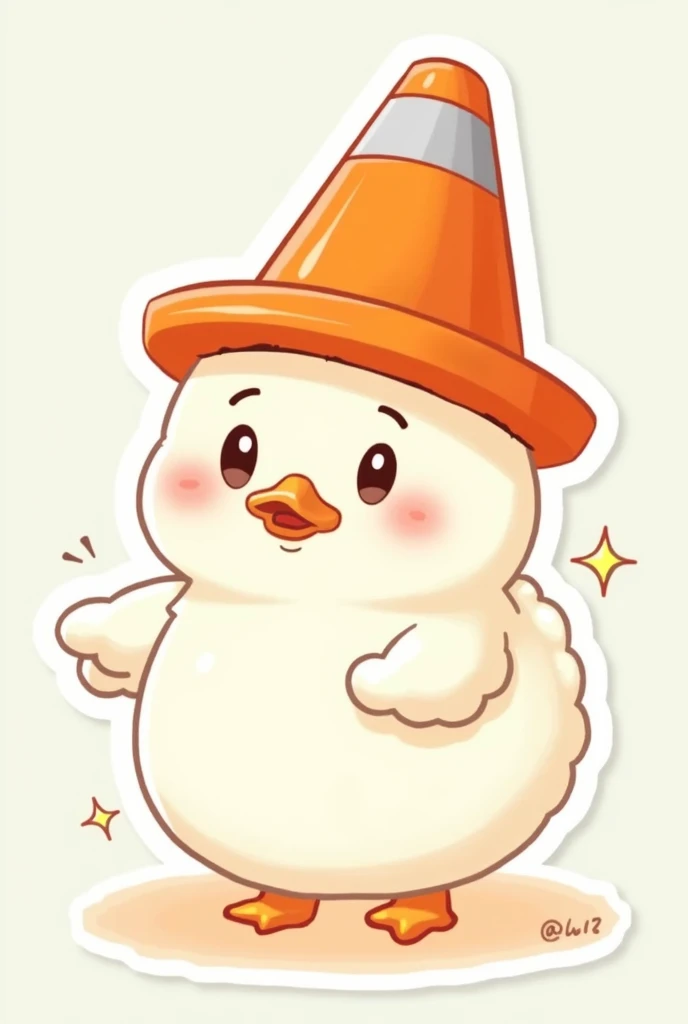 Sticker Kawaii white duck with an orange pylon on the head like a hat