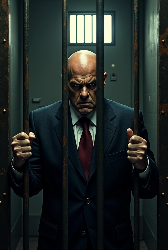 an image of Lex Luthor, the iconic comic book villain, trapped and tied behind bars in a dark, cold cell. He has a determined and defiant look, even in his captive condition. Lex Luthor wears a stylish suit that is a little disheveled, highlighting the struggle. The bars are thick and rusty, and the surrounding environment is gloomy, in poor lighting, creating a dramatic contrast with the cold glare of Lex&#39;s eyes. The environment can include details such as a small barred window that lets in a little light., and maybe some technology objects and security equipment in the background, highlighting the high-risk nature of his arrest."