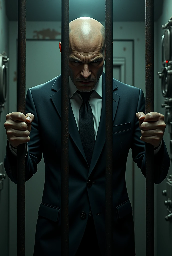 an image of Lex Luthor, the iconic comic book villain, trapped and tied behind bars in a dark, cold cell. He has a determined and defiant look, even in his captive condition. Lex Luthor wears a stylish suit that is a little disheveled, highlighting the struggle. The bars are thick and rusty, and the surrounding environment is gloomy, in poor lighting, creating a dramatic contrast with the cold glare of Lex's eyes. The environment can include details such as a small barred window that lets in a little light., and maybe some technology objects and security equipment in the background, highlighting the high-risk nature of his arrest."