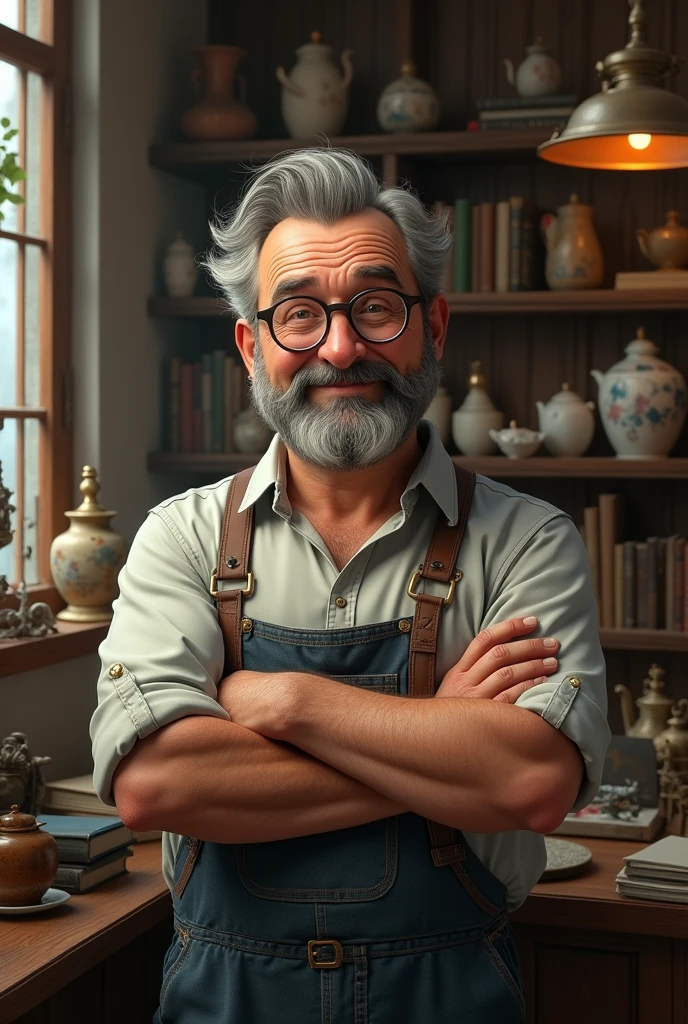 (photorealism:1.2), middle aged man, with round glasses, and a grey beard, with suspenders. He's strong and has large should. He has a gentle smile and is the owner of an antiquarium