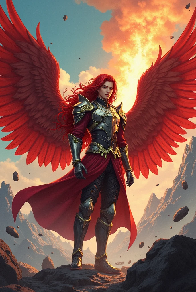 a young male celestial angel with red wings and long red hair, in war clothes against the backdrop of an apocalyptic scene full of rocks flying next to a volcano in Japanese manga style