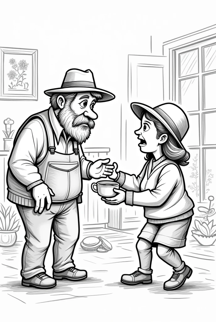 Create a black and white drawing , easy to draw, of a slightly older, worried-looking farmer man with a beard and hat , and a worried woman with her mouth open running to pick up things , both do them inside the house , Place objects in the room and make both of them have their mouths open as if they were talking., Don't open your mouth so much, make the man less fat.. Make them face to face
