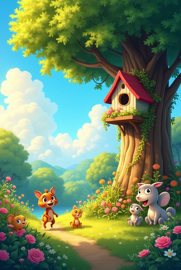 

Prompt: "A picturesque scene of a bright, sunny day with clear blue skies and warm sunlight, created by Rosie’s magical paintbrush."
Cozy Little House for a Bird:

Prompt: "A charming, cozy little house painted by Rosie, designed for a bird. The house is nestled in a tree with a welcoming door and window."
Beautiful Garden:

Prompt: "A vibrant, magical garden full of colorful flowers, towering trees, and lush greenery. The scene is glowing with a sense of enchantment and beauty."
Rosie’s Friends Playing in the Garden:

Prompt: "A joyful scene with Rosie and her animal friends playing together in the newly created beautiful garden. They’re laughing and having fun amidst the flowers and trees."