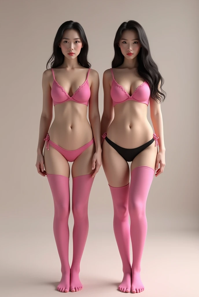 Photorealism 2 ultra realistic attractive Chinese women from the front with big breasts and big ass in pink bra and black panties with pink thigh-high stockings standing 8k