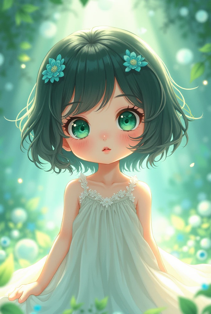 anime, child, small stature, For the blue, white clothes emerald green eyes