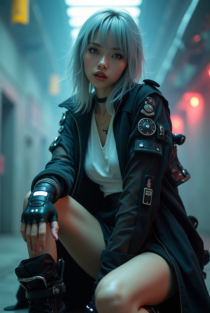 (nsfw:1.2), masterpiece, Best Quality, Realistic, A mysterious and sophisticated beautiful young girl, with blue eyes wears futuristic and sexy fashion art. 18-years-old, cute and sexy Japanese girl is climbing at a wide angle, sitting and sexy posing, with her full body in frame. She has an ultra-slim waist, medium firm breasts, a medium-sized buttocks, and beautiful sexy legs, showcasing sculptural beauty. Her skin is white and silky, small head. dressed in a striking white and black military print bodysuit paired with a sleek black leather belt with a futuristic metallic buckle and low-rise black skirt with zipper accents. She wears a sheer black mesh bomber jacket adorned with white and black military patches, chunky black high-cut Sneakers with silver hardware. Her look is fierce and bold, complemented by black fingerless gloves with white LED lights and high-tech accessories. adding an edgy attitude. Her outfit is completed, merging functionality with style. exuding a hint of rebellion, embodying the essence of future street-chic fashion. The wear hugs her body tightly, accentuating her curves and digging sensuously into her skin, hyper small head and face, wide Duck mouth, half open mouth, perfectly aligned teeth, perfect beautiful wide teeth, light blue eyes, half open eyes, shiny Droopy eyes, gray hair, looking other, She is situated within the interior of a futuristic colony, in the deep night, with mist drifting and steam rising from concrete