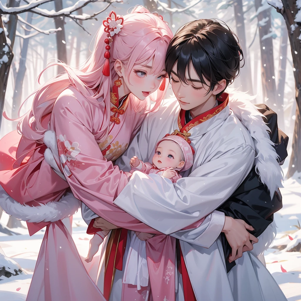 A one-year-old baby boy in pink ancient Chinese baby costume with his beautiful mother, dressed in an ancient Chinese costume, In a forest where there was only white snow everywhere. The trees were still covered in white snow. A very strong blizzard, playing with each other, with his handsome father standing next to his mother, close up