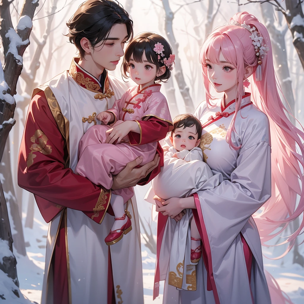 A one-year-old baby boy in pink ancient Chinese baby costume with his beautiful mother, dressed in an ancient Chinese costume, In a forest where there was only white snow everywhere. The trees were still covered in white snow. A very strong blizzard, playing with each other, with his handsome father standing next to his mother, close up