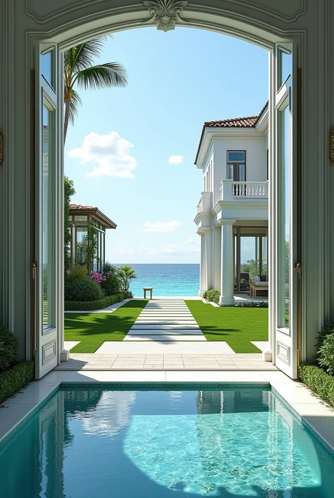 create a realistic photo of a beach house with ocean view, in white colors in modern French neoclassical style, with coconut trees and flowering trees around, and lots of glass in the house and big windows, front lawn and pool. the perspective is from the room, staring outside