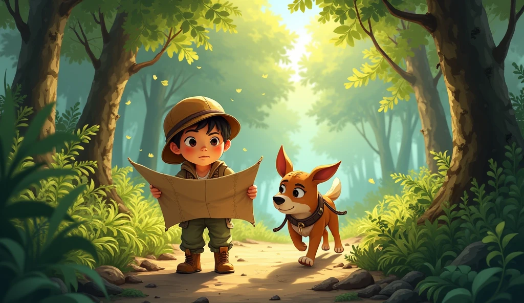 Timmy and Max are walking through a wooded path. The map is in Timmy's hand, and Max is leading the way, nose to the ground.