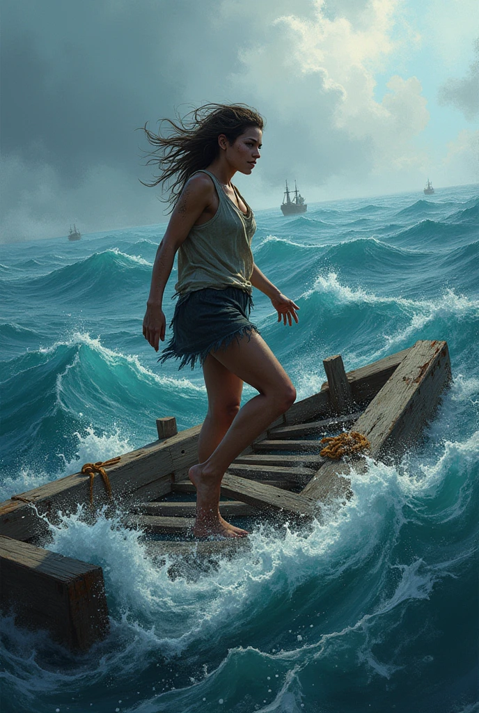 drawing of a woman on top of a broken raft at sea