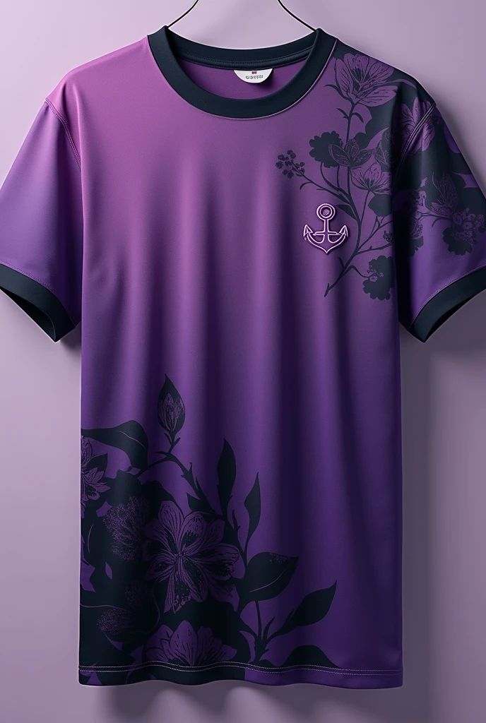 A purple matte mixed with black and gray Kpop patterns on the bottom left of the shirt , rich silk like Tshirt with a tiny anchor on the left side