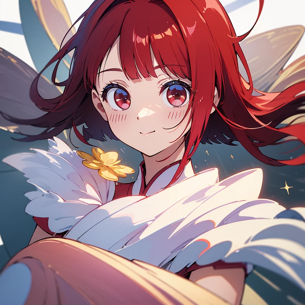 ((((masterpiece, Best Quality, Ultra-high resolution、Best illustrations))))、((Portrait wallpaper farther full body of a person standing against a white background))、anime、A highly concentrated individual、(Very delicate and cute face)、(Sparkling Eyes)、A beautiful princess crown 、smile、Red cheeks、short shoulder red hair、Clean red eyes、Long red hakama、Knee-high boots、He is wearing a fairy wand at his waist.、Standing straight, facing slightly ahead.、((Perfect hands))、