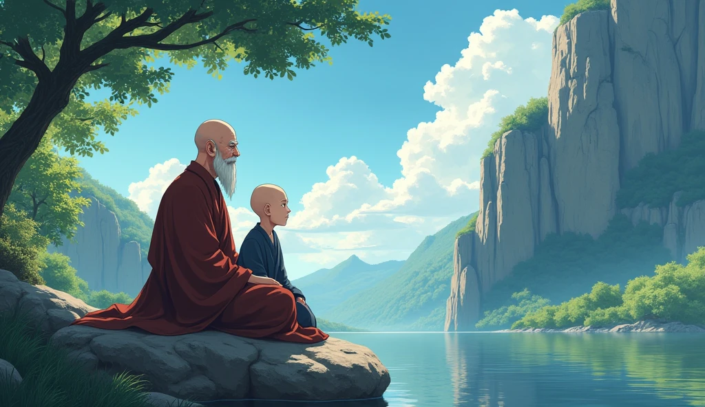 Bald old monk sensei master, young bald desciple, cliff, beautiful, in anime style, sitting at boulder, trees, talking, peaceful,