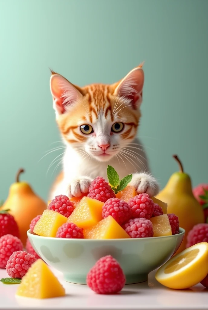 (masterpiece), Highest quality, Highest quality, Diced Fruit Bowl Ice Sorbet、Cat eating、