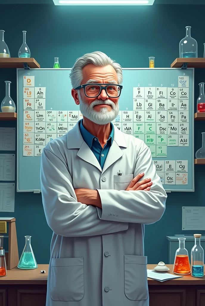 illustration of the periodic table with a chemistry teacher