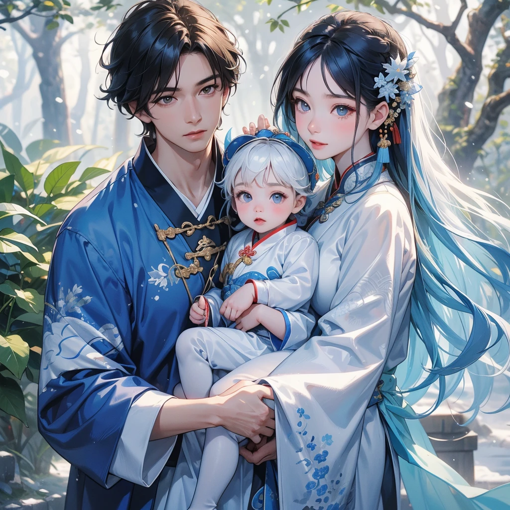 A one-year-old baby boy in blue ancient Chinese baby costume with his beautiful mother, dressed in an ancient Chinese costume, In a forest where there was only white snow everywhere. The trees were still covered in white snow. A very strong blizzard, playing with each other, with his handsome father standing next to his mother, close up