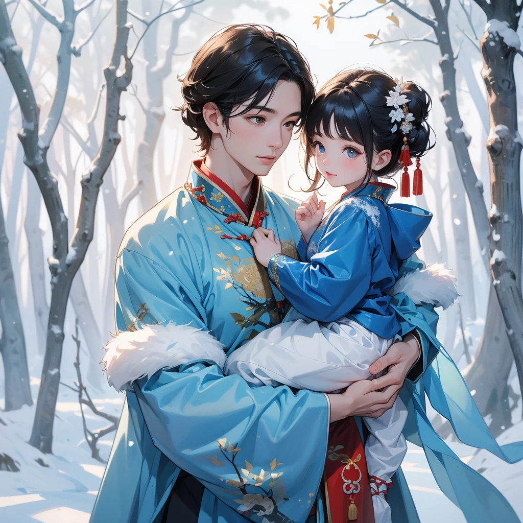 A one-year-old baby boy in blue ancient Chinese baby costume with his beautiful mother, dressed in an ancient Chinese costume, In a forest where there was only white snow everywhere. The trees were still covered in white snow. A very strong blizzard, playing with each other, with his handsome father standing next to his mother, close up