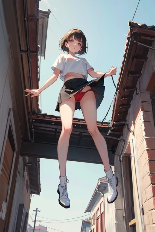 ((Best Quality)), ((masterpiece)), (Very detailed), 1 girl,tight black mini skirt,white t-shirt, neckline, detailed red panties, urban landscape, 25 years, shame face,((Whole body)),((view from below))