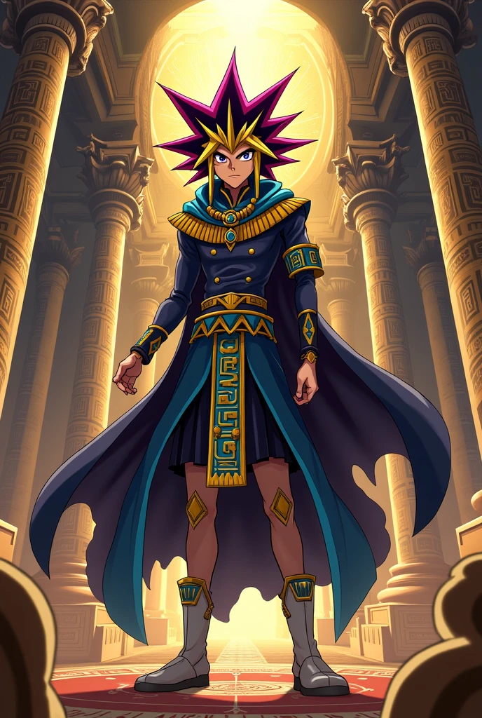 Anime character Yami Yugi as Pharaoh showing card game