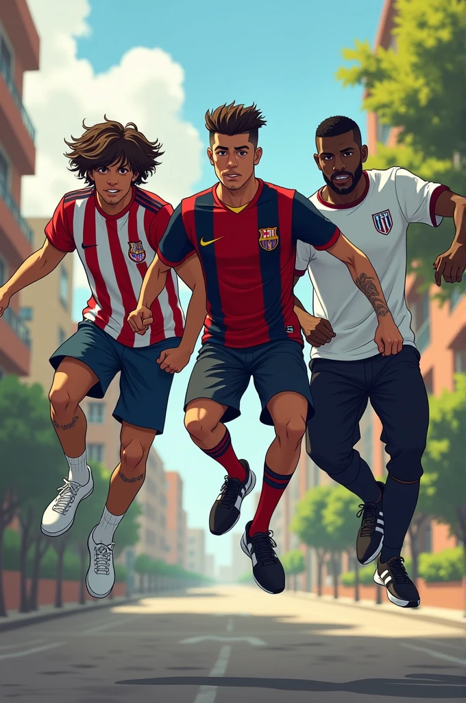 three young men one white with dark brown wavy hair shaved back on the sides wearing a red white and black vertically striped shirt and dark blue shorts and white sneakers, a dark haired straight short shaved on the side with stripes and a red and black football team shirt, black shorts and black and white sneakers, e um negro de Black Power, white soccer team shirt and black sweatpants and black sneakers, the three practicing parkour