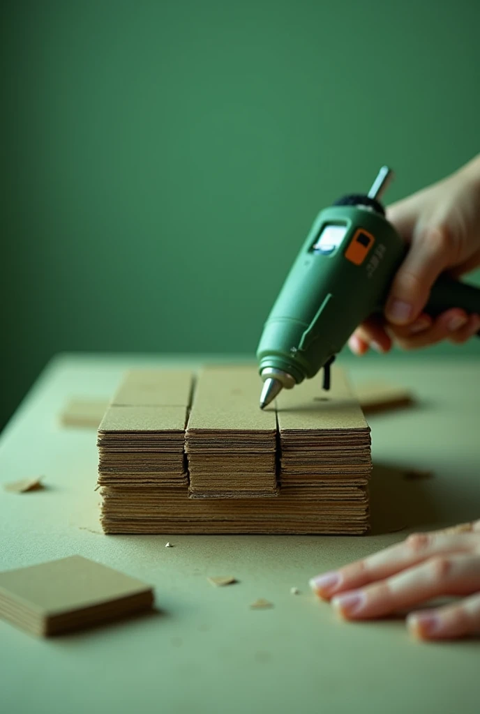 After cutting cardboard squares with scissors, Glue them inside the box with a silicone gun (hot silicone) You can only see the hands doing the work on a table and with a subtly green aesthetic filter