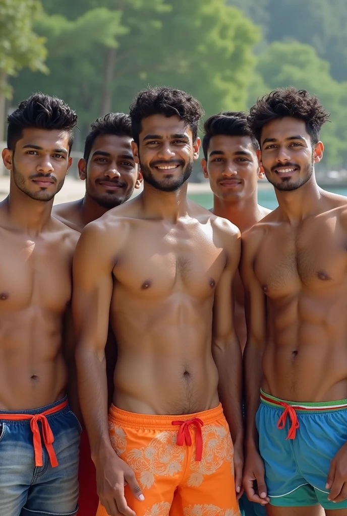 Group photo of 1 south Asian handsome fair skinned shirtless 6 boys wearing shorts wet from sweat