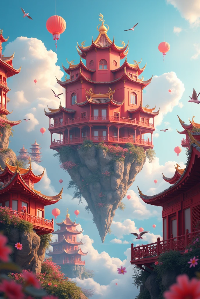 Color (Fantasy: 1.2), (traditional Chinese style), (irregular red building floating on the cloud), patchwork cottages, flower decorations, lights, concept art inspired by Andreas Rocha, Artstation contest winner, Fantasy art, (sky city), ross tran, light shafts, realistic lighting, masterpiece, high quality, beautiful graphics, high detail, masterpiece, high quality, beautiful graphics, high detail, --v6, (flying seabirds in the sky)