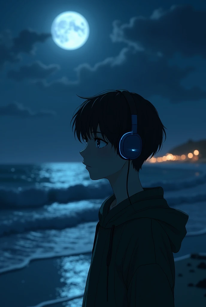 Generate aesthetic pic of a sad and smart anime boy, wearing headphones near beach in dark night