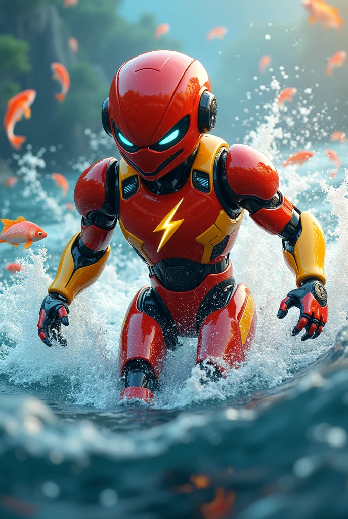 Create an Olympic mascot of a character that swims, It must be a robot that has the colors red and yellow and on its chest it must have the logo of a lightning bolt
