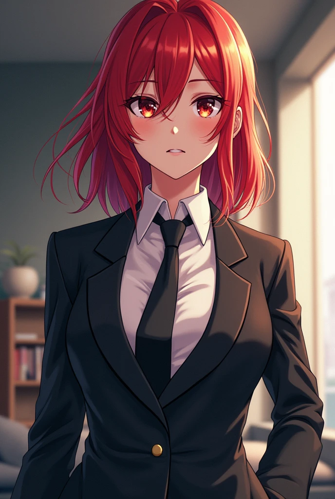 Anime girl 3 she's works in gouvernment,she have mid-length bright red hair,she's libertine ,She asserts herself very well and can be enigmatic,she have ,she has a slim physique