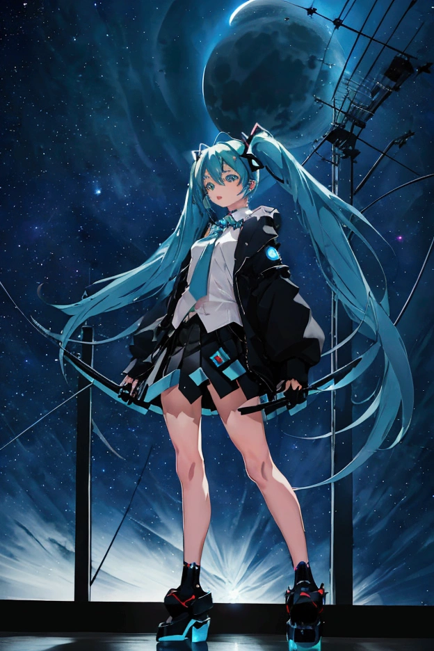(Hatsune Miku,Light blue hair,Twin tails,No sleeve,tie,mini skirt,socks,Black hoodie),((Blue is the predominant color,Angle from below,Stars in the night sky,Crescent Moon)),(Shining futuristic city at night,Night view,Cyber World),(Dynamic pose,Cool pose,Standing on a glass stage,Cool look,singing,Holding a microphone)