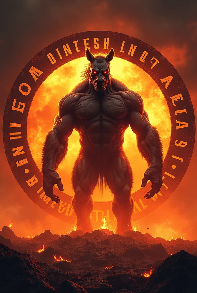 Create a round image with a white, fully muscular, protruding veins red eyes, Pull Horse. What stands on a burning coal surface and in the background a flaming inferno. A lettering around the picture Engagement OPS Area 51