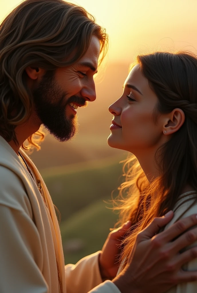 jesus comforting and guiding an individual who is seeking with a look of gentle encouragement, in a hyper-realistic style, with detailed facial expressions and a serene background of rolling hills and a soft sunset, close-up shot, photo realism, cinematography