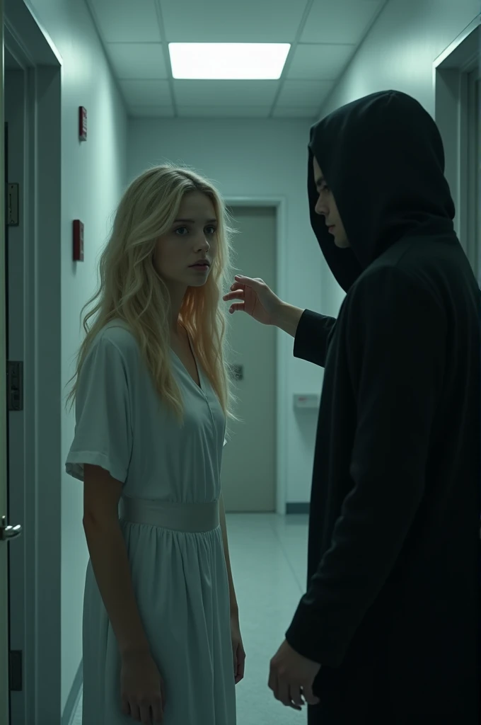 Beautiful blonde girl being touched by a stranger in a hospital 