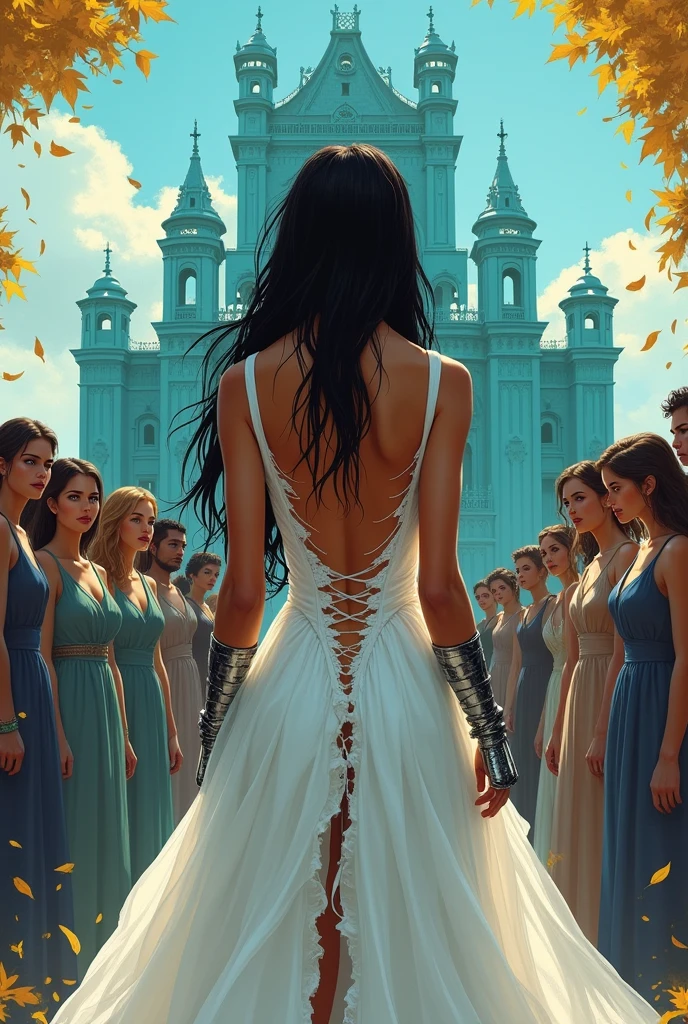 Caramel skinned princess with long black hair and blue eyes. your hands are wearing a pair of iron gloves that cover your fingers. She is wearing a white wedding dress that is ripped and shows her back with a vertical tear.. She is looking at a turquoise palace and is scared. There are many people looking at her with disgust. Golden leaves fall from the blue sky. There are black and gold veins popping out from her bare back. Realistic illustration like fairy tales.