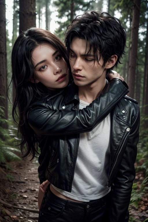 Werewolf with short, black, messy hair, black rock pants and leather jacket. WOMAN hunter is hugged by him from behind smelling his neck in the middle of the forest at night, impossible love, hunter, 