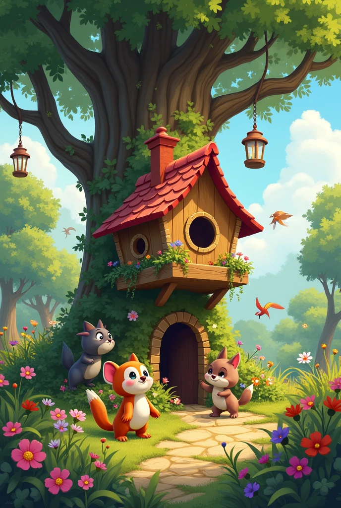 Prompt: "A charming, cozy little house painted by Rosie, designed for a bird. The house is nestled in a tree with a welcoming door and window."
Beautiful Garden:
Prompt: "A vibrant, magical garden full of colorful flowers, towering trees, and lush greenery. The scene is glowing with a sense of enchantment and beauty."
Rosie’s Friends Playing in the Garden:
Prompt: "A joyful scene with Rosie and her animal friends playing together in the newly created beautiful garden. They’re laughing and having fun amidst the flowers and trees."