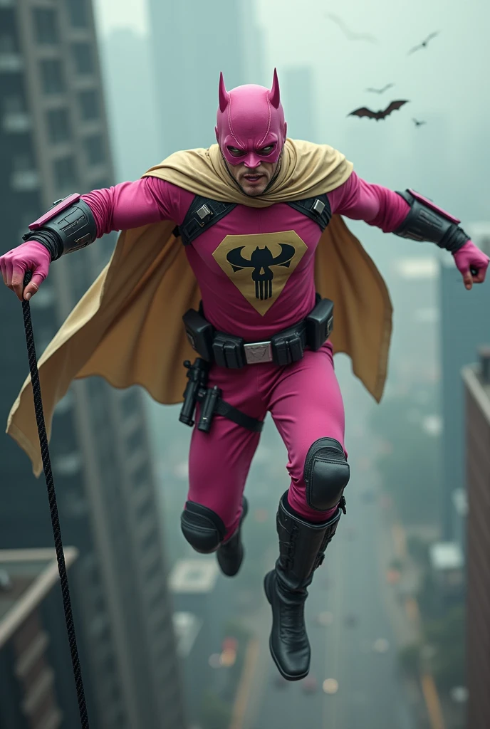 Malaysia man in high-tech suit, vivid effects, malaysian superhero (KELUANG MAN) in a striking pink and beige costume cyberpunk design, mask small mini bat ear beige, daredevil beige mask, jumpsuit dark pink stands confidently in a dramatic.jumping from high place.hero costume.one hand rise up. Big triangle logo on the chest.high detail Punisher logo on the chest. Fighting pose , stormy landscape. ((Head covered node guard like batman. Running pose , athletic body type, small mini ear bat mask))The character wears domino mask a helmet with pointed mini torn ears and a flowing cape biege, open nose and mouth. Equipped with visible futuristic weapons on a belt,bullet proof jacket pink dark day.show fingers pose, dark night, big supermoon effect . Small logo on chest triangle shape small punisher logo center triangle cyber logo center on chest pink logo mini logo . rocky. Building top.smoke ground , bomb effect background, losse pants, losses costume.adding to --ar 3:4 --style raw --stylize 500 --v 6.1. chaos. Lot of small flying bat. One leg on the high stone. Man . Real man age 40 year old. One hand holding belt.one hand holding black rope hanging on building