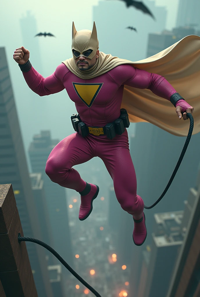 Malaysia man in high-tech suit, vivid effects, malaysian superhero (KELUANG MAN) in a striking pink and beige costume cyberpunk design, mask small mini bat ear beige, daredevil beige mask, jumpsuit dark pink stands confidently in a dramatic.jumping from high place.hero costume.one hand rise up. Big triangle logo on the chest.high detail Punisher logo on the chest. Fighting pose , stormy landscape. ((Head covered node guard like batman. Running pose , athletic body type, small mini ear bat mask))The character wears domino mask a helmet with pointed mini torn ears and a flowing cape biege, open nose and mouth. Equipped with visible futuristic weapons on a belt,bullet proof jacket pink dark day.show fingers pose, dark night, big supermoon effect . Small logo on chest triangle shape small punisher logo center triangle cyber logo center on chest pink logo mini logo . rocky. Building top.smoke ground , bomb effect background, losse pants, losses costume.adding to --ar 3:4 --style raw --stylize 500 --v 6.1. chaos. Lot of small flying bat. One leg on the high stone. Man . Real man age 40 year old. One hand holding belt.one hand holding black rope hanging on building