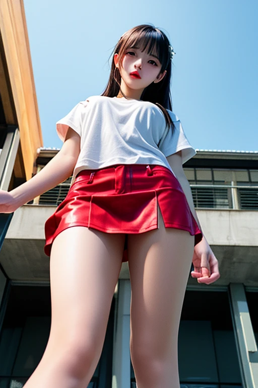 ((Best Quality)), ((masterpiece)), (Very detailed), 1 girl,tight black mini skirt,white t-shirt, neckline, detailed red panties, urban landscape, 25 years, shame face,((Whole body)),((view from below)) 