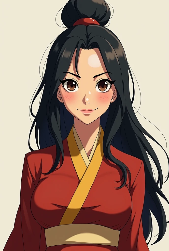 (masterpiece,best quality)), absurd, korra, long hair, black hair, medium breasts, hair bun, solo, smile, looking at viewer, red and yellow tunic, lots of details, air nomad,