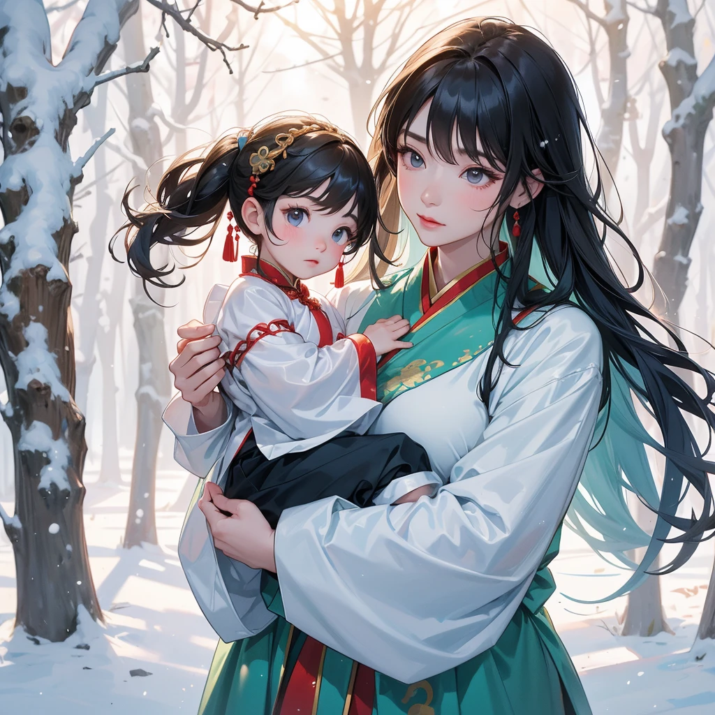 A one-year-old baby boy in an ancient Chinese baby costume with his beautiful mother, dressed in an ancient Chinese costume, In a forest where there was only white snow everywhere. The trees were still covered in white snow. A very strong blizzard, playing with each other, with his handsome father standing next to his mother, close up