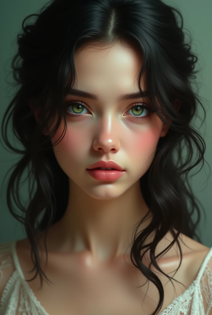 A woman with green eyes, dark and wavy hair