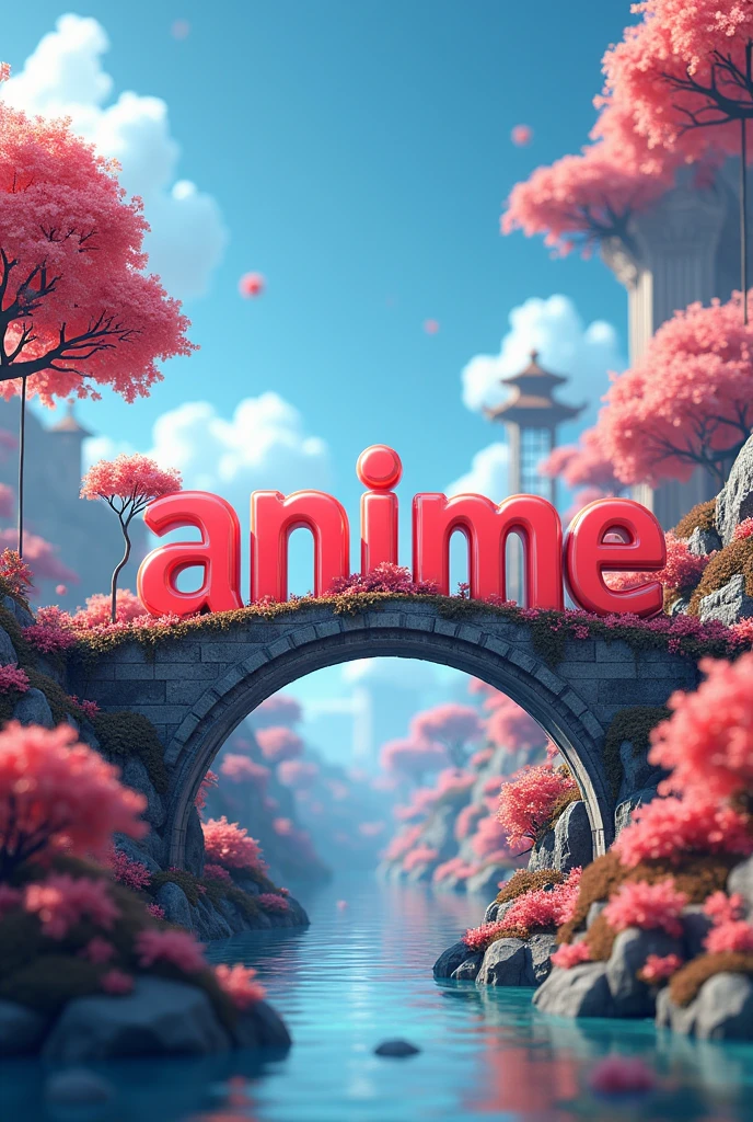 generate A Realistic image of 3d word "Anime"and in the background a anime world