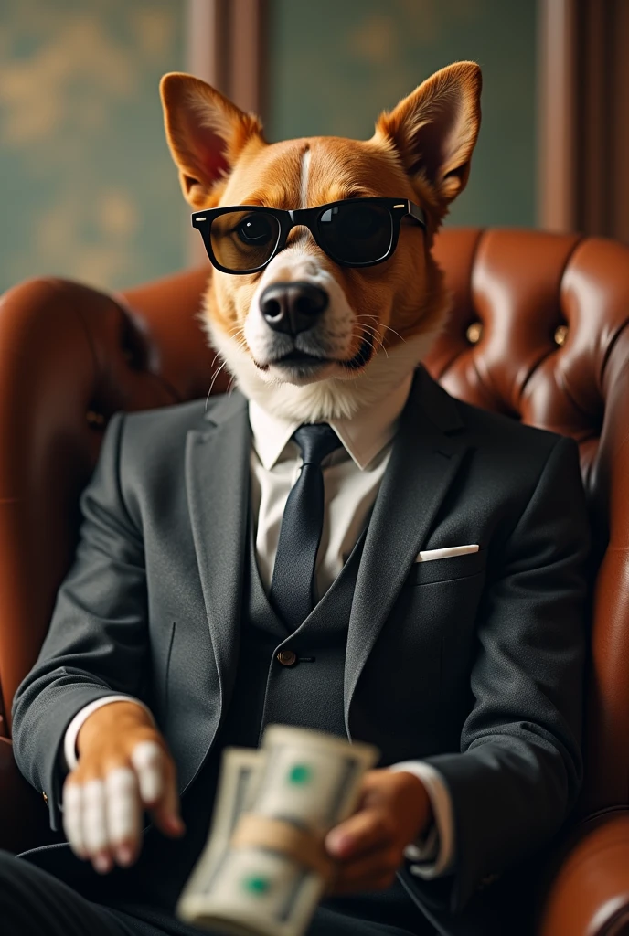 Dog sitting on chair with sunglasses and suit and giving money to Pakistani Young Generation