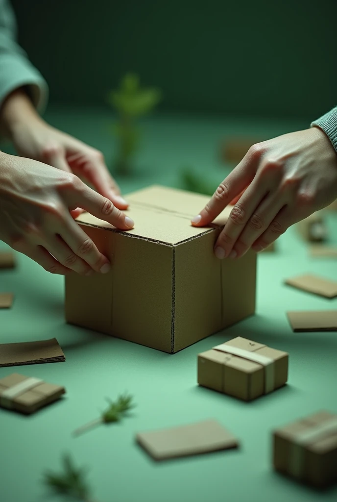 After cutting two cardboard squares with scissors, Glue them inside the box with a silicone gun (hot silicone) You can only see the hands doing the work on a table and with a subtly green aesthetic filter