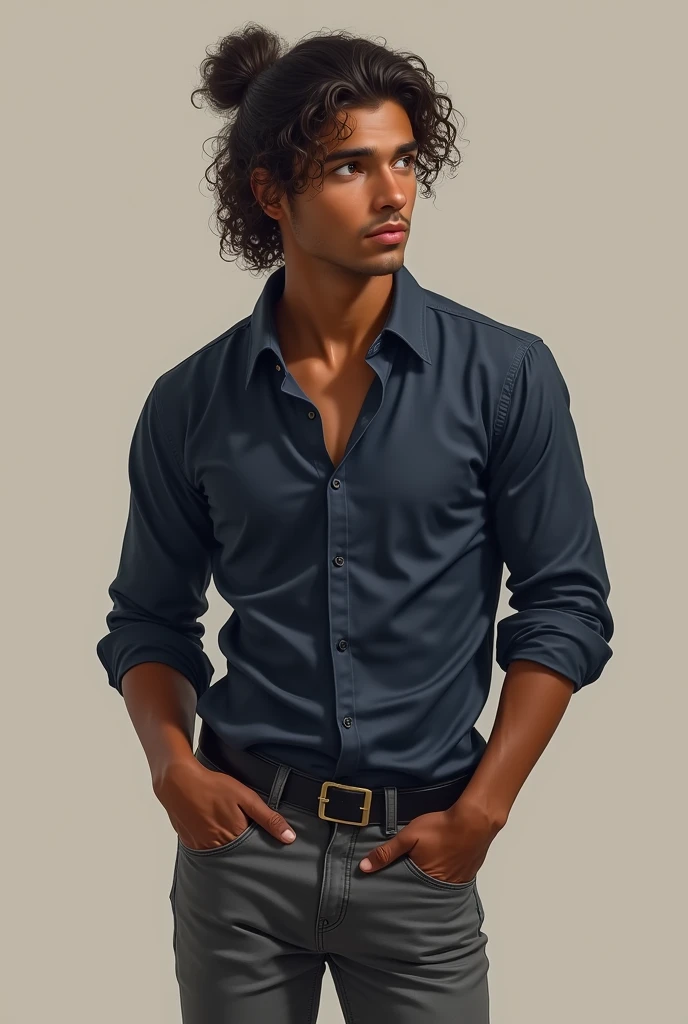 Man with medium length curly hair tied in a ponytail, He is brown, has dark brown eyes, wears gray jeans and a navy blue blouse, black shoes.